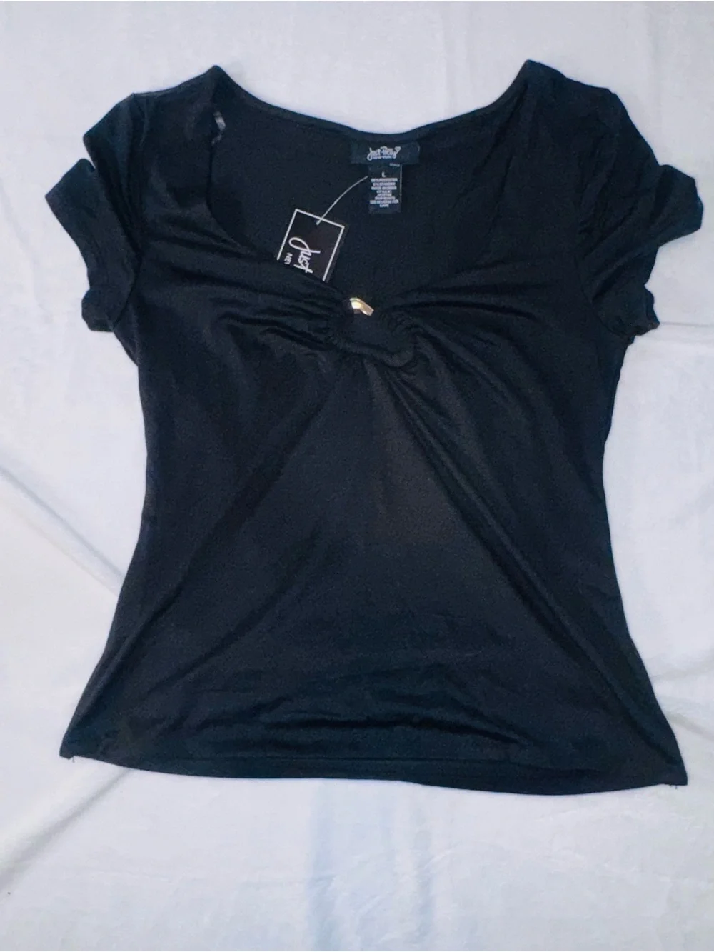 Just Polly Black Ruched Ring Front Stretch Top NWT Large - Picture 3 of 10